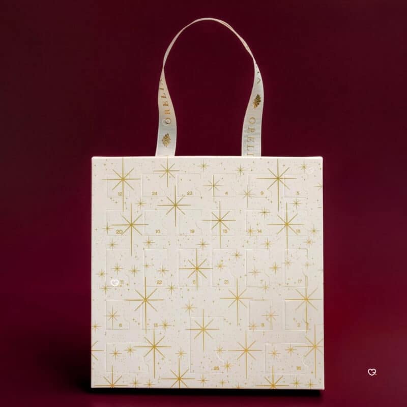 Orelia jewellery advent calendar 2026 closed festive box on a burgundy background