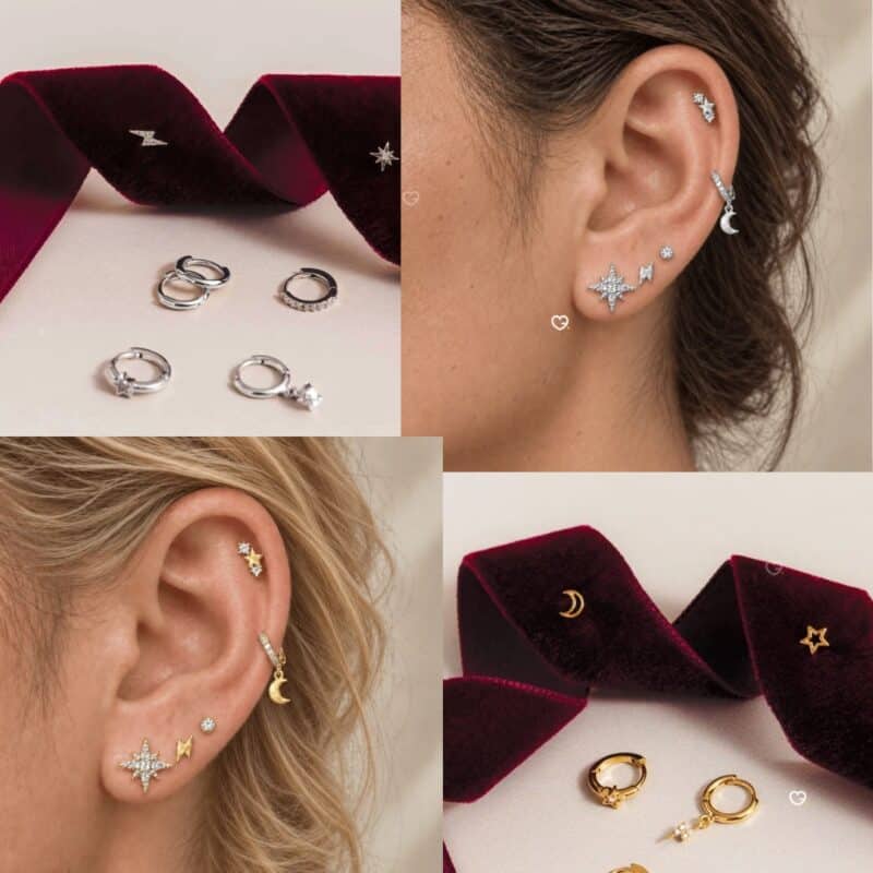 Gold and silver ear stack worn on a pierced ear from the Orelia advent calendar 2026