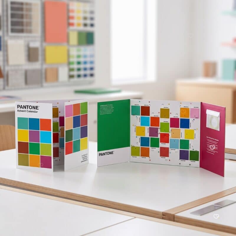 Pantone advent calendar 2026 open triptych displayed in a bright room