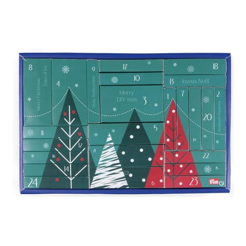 Prym DIY Advent Calendar 2026 open flat, the 24 numbered doors with Christmas tree artwork
