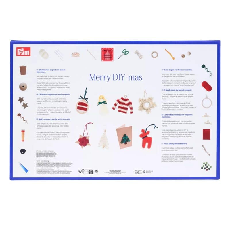Back of the Prym DIY Advent Calendar 2026 box showing the eight Christmas makes and materials