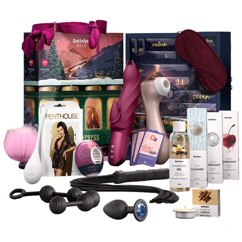Full-size toys and accessories inside the Satisfyer Deluxe advent calendar 2026