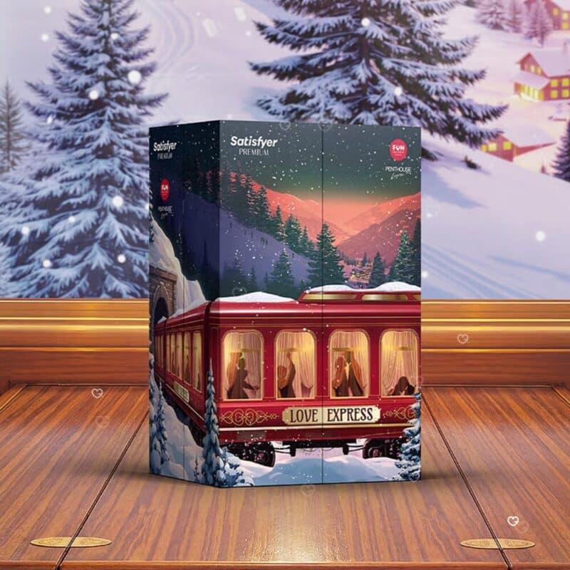 Satisfyer Premium adult advent calendar 2026 box in a snowy winter scene
