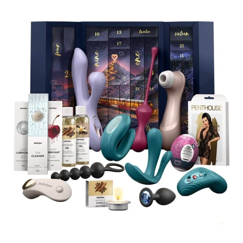 All products from the Satisfyer Premium erotic advent calendar 2026 on a white background