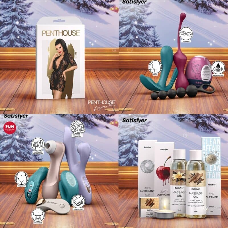 The five product worlds of the Satisfyer Premium naughty advent calendar 2026 with feature icons