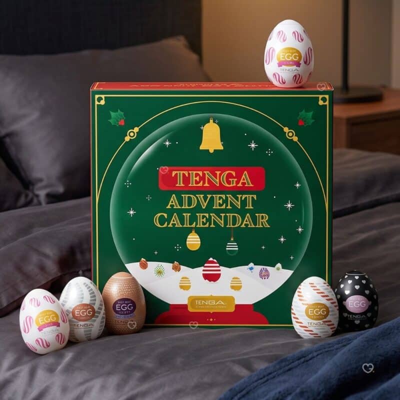 Tenga Advent Calendar 2026 box with Tenga Eggs in a bedroom setting