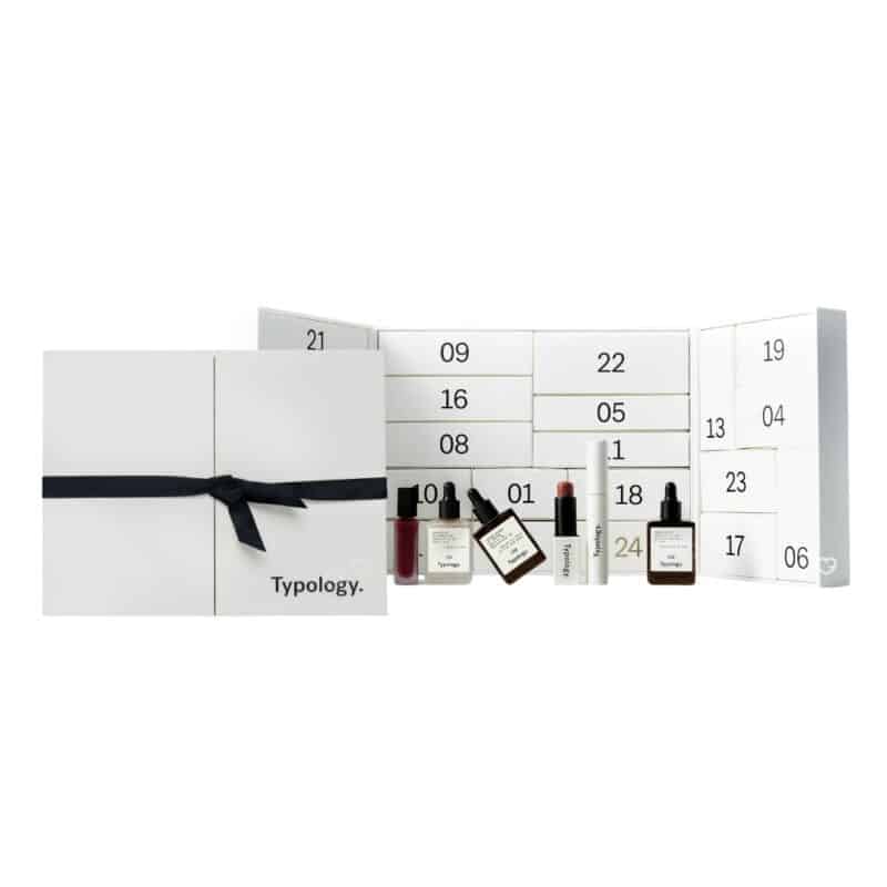Typology Advent Calendar 2026 open with serums and lip products