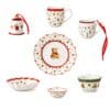Detail of the Villeroy & Boch Christmas Toys Memory porcelain pieces: mugs, plate, bowls and ornaments