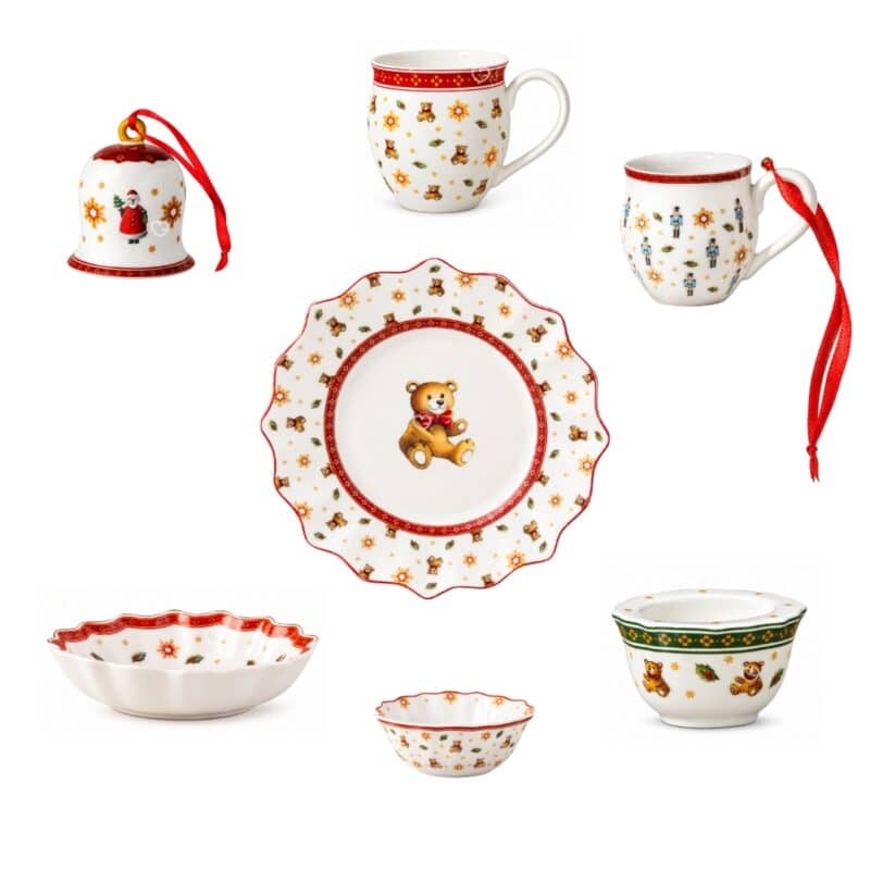 Detail of the Villeroy & Boch Christmas Toys Memory porcelain pieces: mugs, plate, bowls and ornaments
