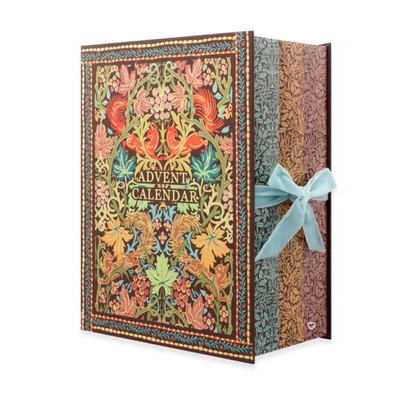 William Morris beauty advent calendar 2026 box with blue ribbon, side view