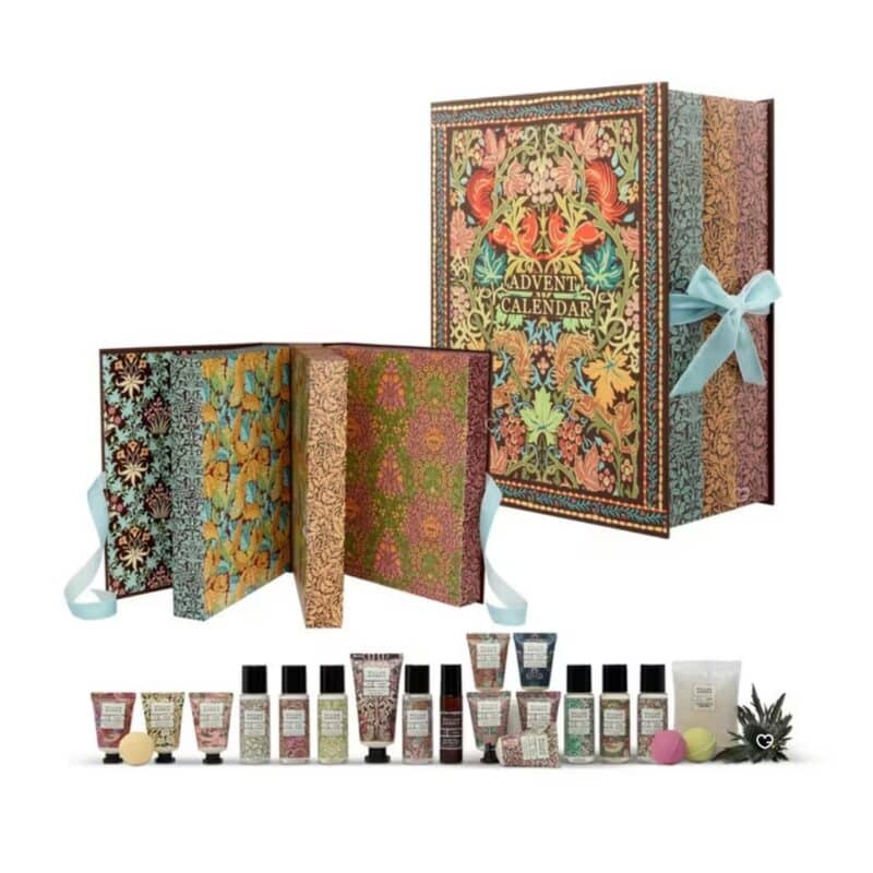 William Morris Advent Calendar 2026 shown closed and open with products