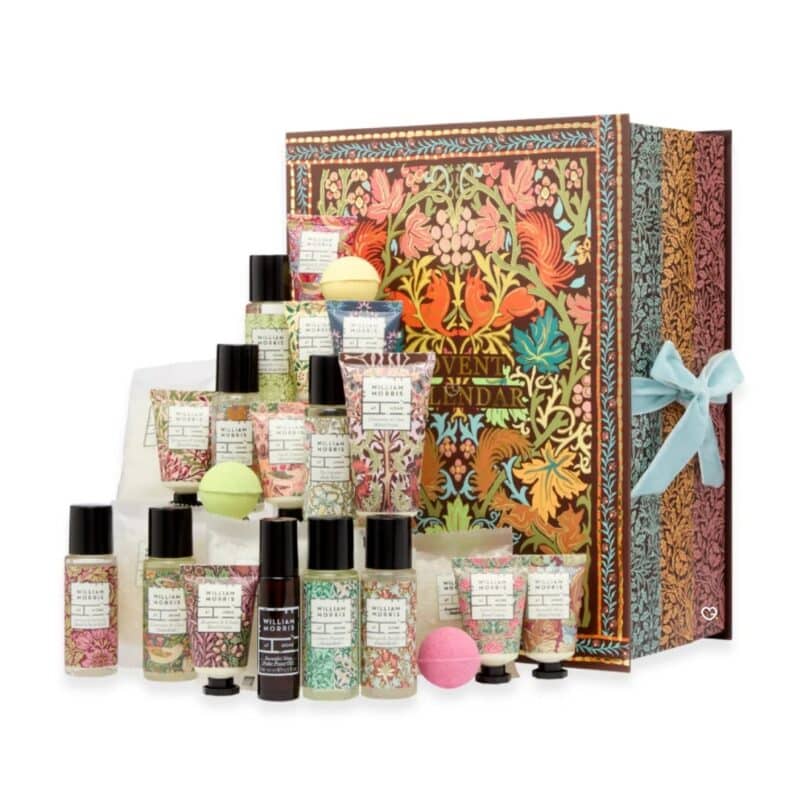 William Morris beauty advent calendar 2026 products in front of the open box