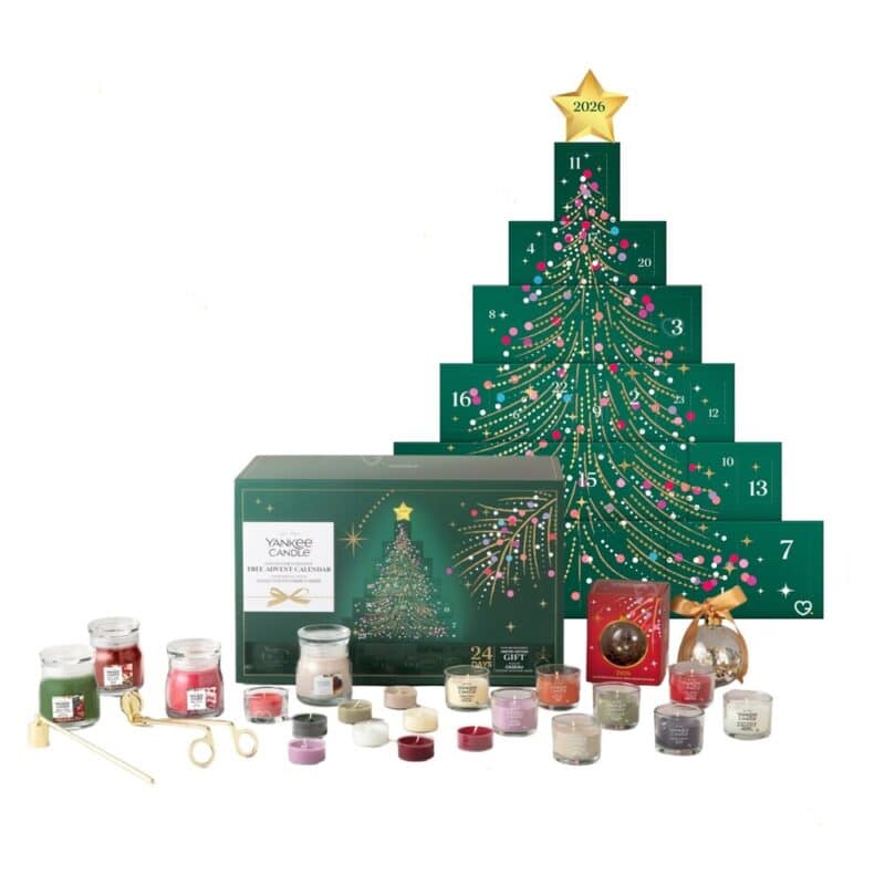 Yankee Candle Tree Advent Calendar 2026 box with the built tree and all candles