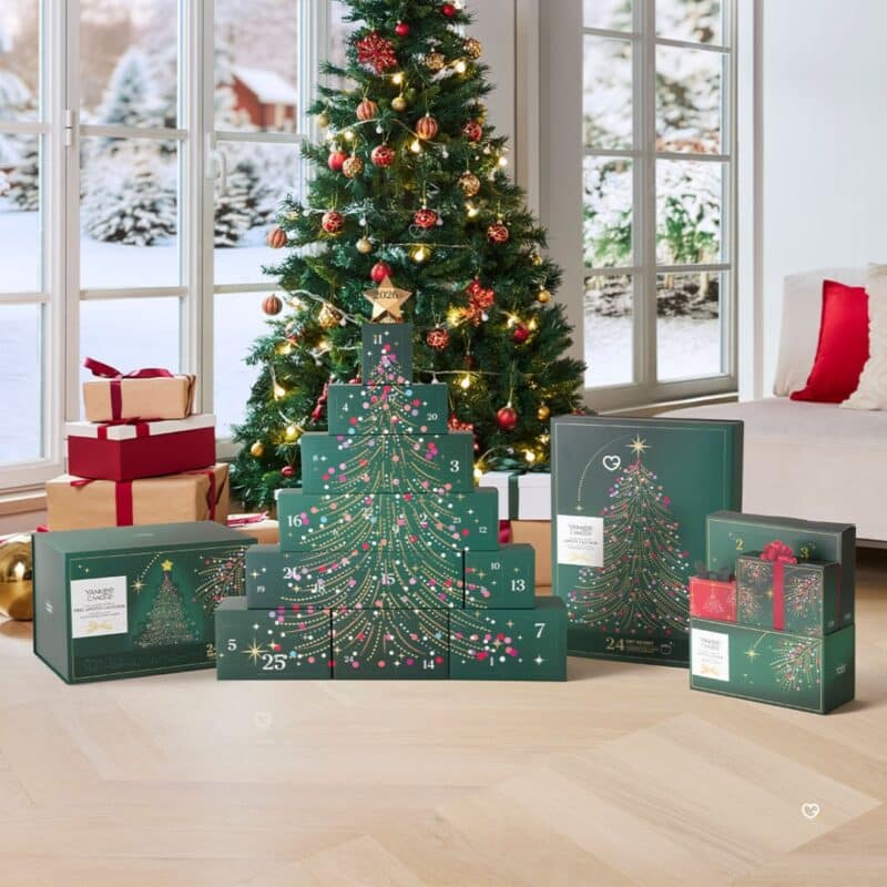 Yankee Candle Tree Advent Calendar 2026 built beside a decorated Christmas tree
