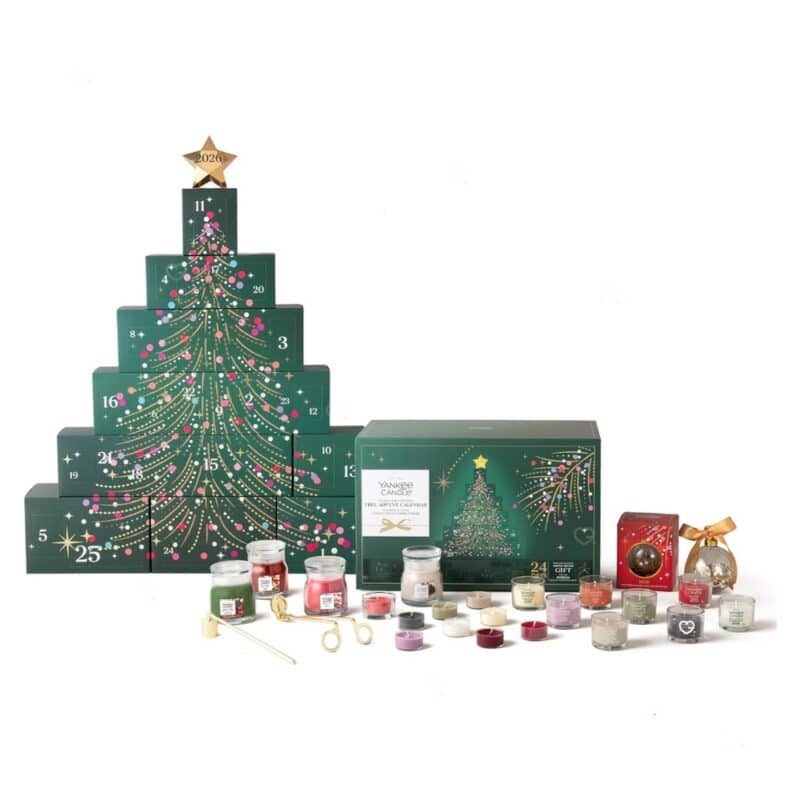 Yankee Candle Tree Advent Calendar 2026 built tree with the 25 pieces displayed